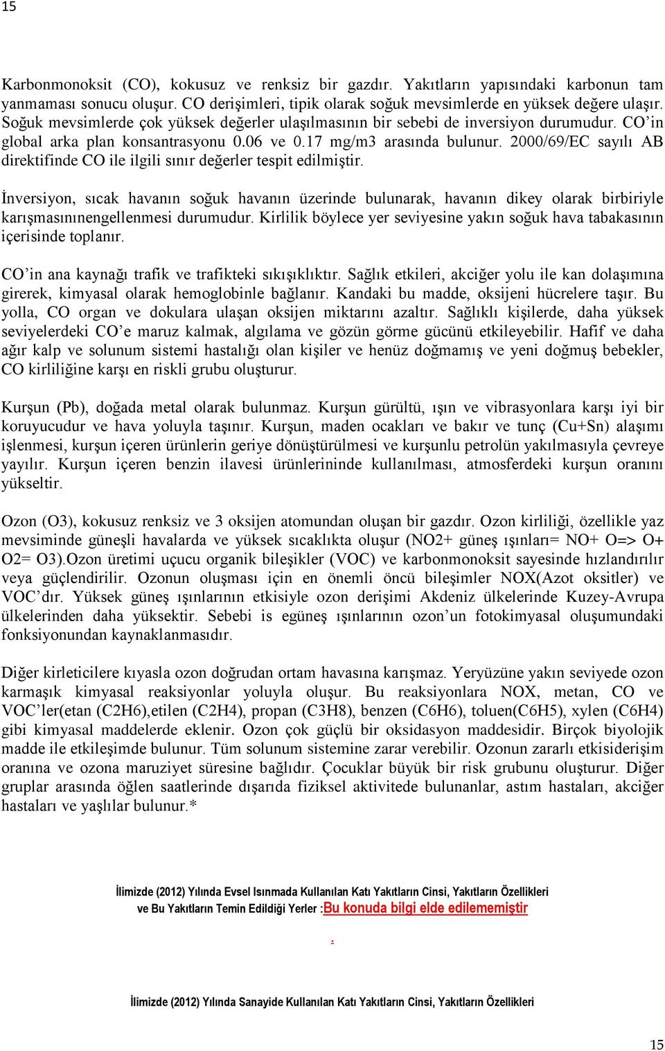 2000/69/EC sayılı AB direktifinde CO ile ilgili sınır değerler tespit edilmiştir.