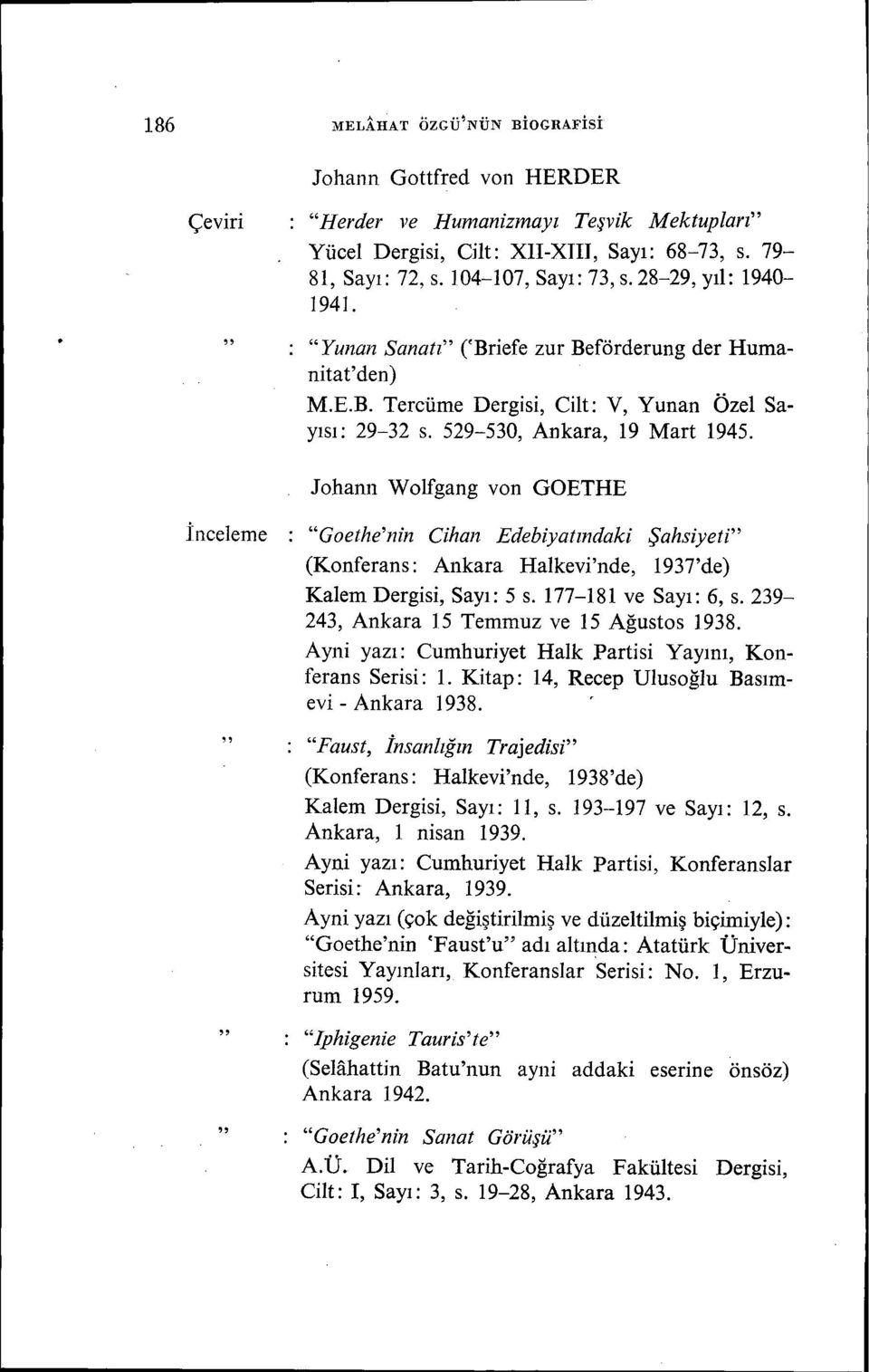 Johann Wolfgang von GOETHE Inceleme Gaethe'nin Cihan Edebiyatındaki Şahsiyeti (Konferans: Ankara Halkevi'nde, 1937'de) Kalem Dergisi, Sayı: 5 s. 177-181 ve Sayı: 6, s.