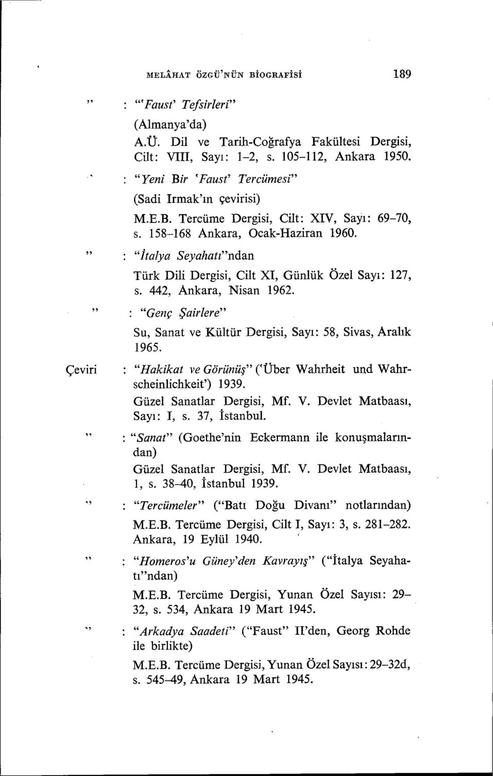 İtalya Seyahatından Türk Dili Dergisi, Cilt XI, Günlük Özel Sayı: 127, s. 442, Ankara, Nisan 1962. : Genç Şairlere Su, Sanat ve Kültür Dergisi, Sayı: 58, Sivas, Aralık 1965.