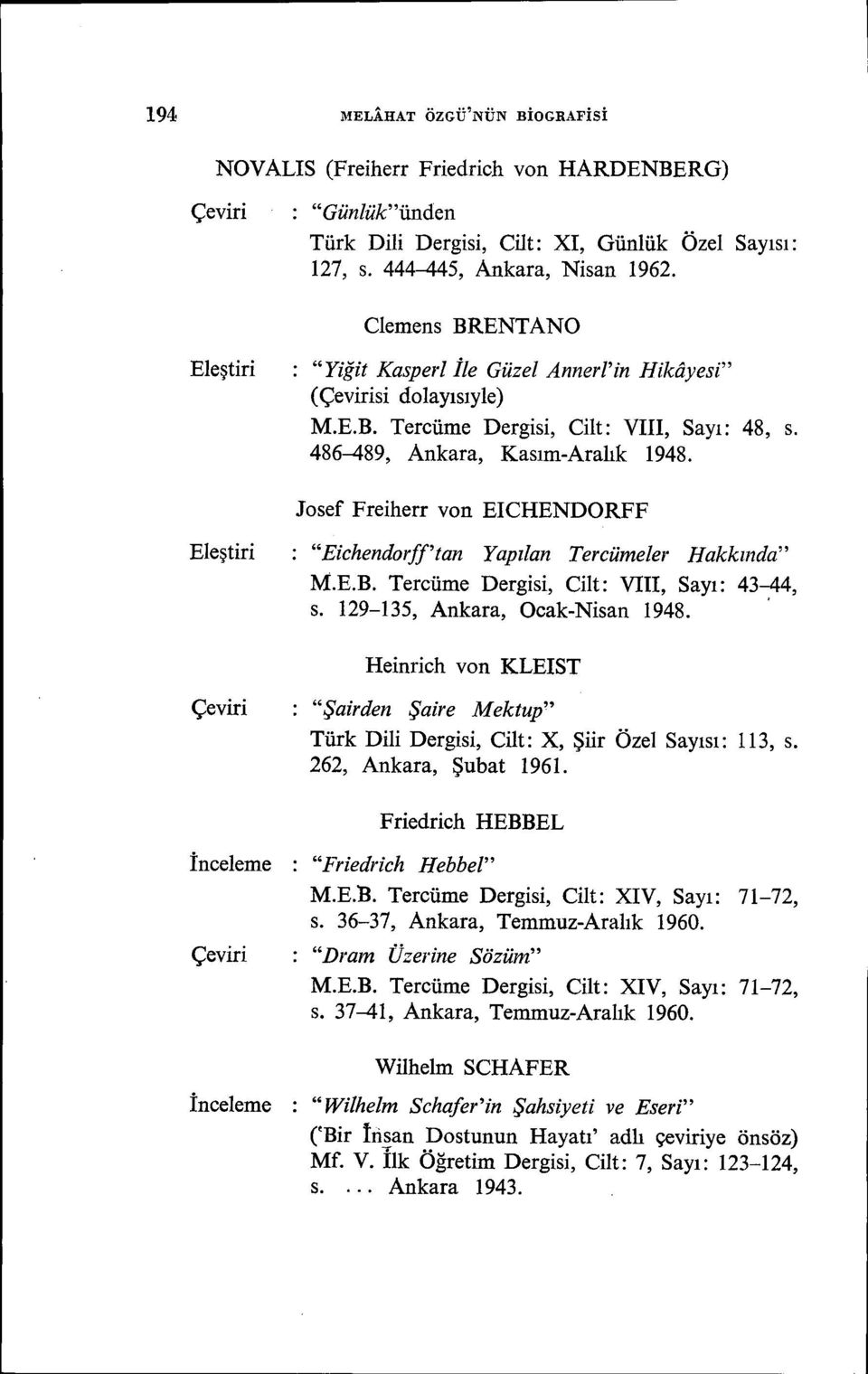 Josef Freiherr von EICHENDORFF Eleştiri Eichendorff'tan Yapılan Tercümeler Hakkında M.E.B. Tercüme Dergisi, Cilt: VIII, Sayı: 43~4, s. 129-135, Ankara, Ocak-Nisan 1948.