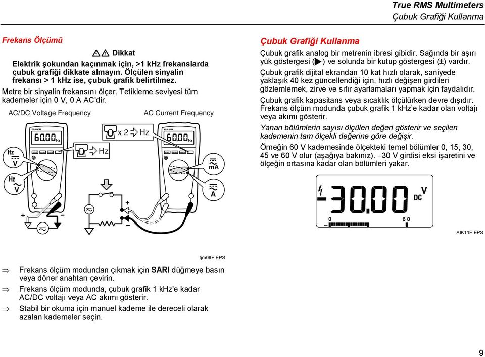 AC/DC Voltage Frequency V x 2 AC Current Frequency Hz HOLD MIN MAX ma Çubuk Grafiği Kullanma Çubuk grafik analog bir metrenin ibresi gibidir.