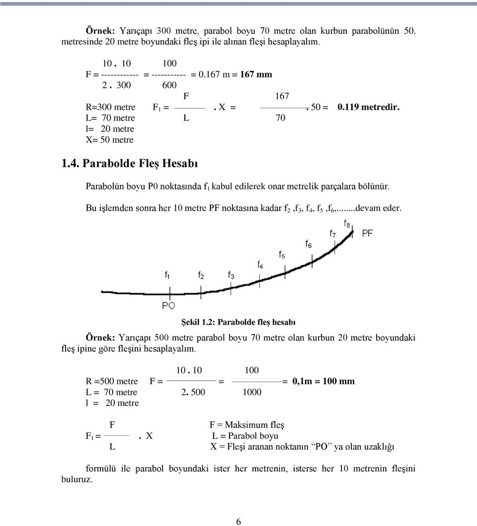 Parabolde FleĢ Hesabı Parabolün boyu P0 noktasında f 1 kabul edilerek onar metrelik parçalara bölünür. Bu iģlemden sonra her 10 metre PF noktasına kadar f 2,f 3, f 4, f 5,f 6,...devam eder. ġekil 1.