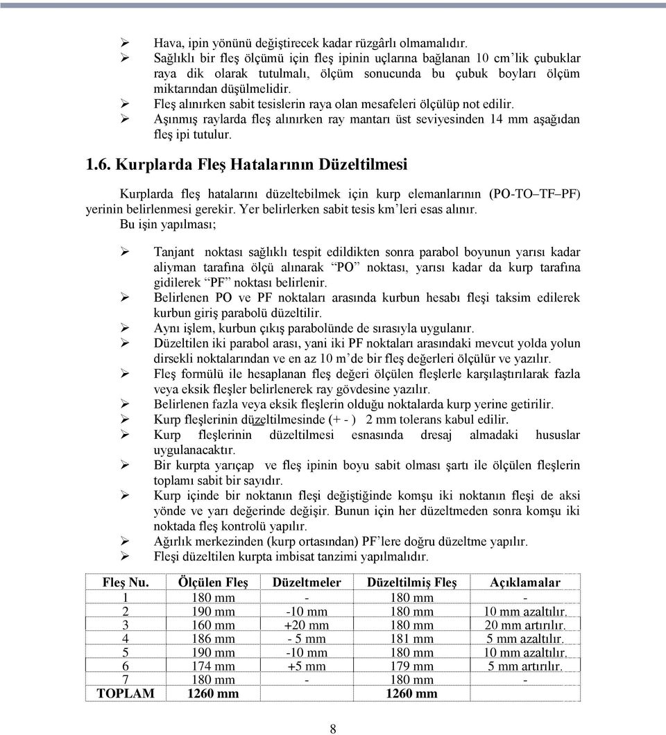 FleĢ alınırken sabit tesislerin raya olan mesafeleri ölçülüp not edilir. AĢınmıĢ raylarda fleģ alınırken ray mantarı üst seviyesinden 14 mm aģağıdan fleģ ipi tutulur. 1.6.