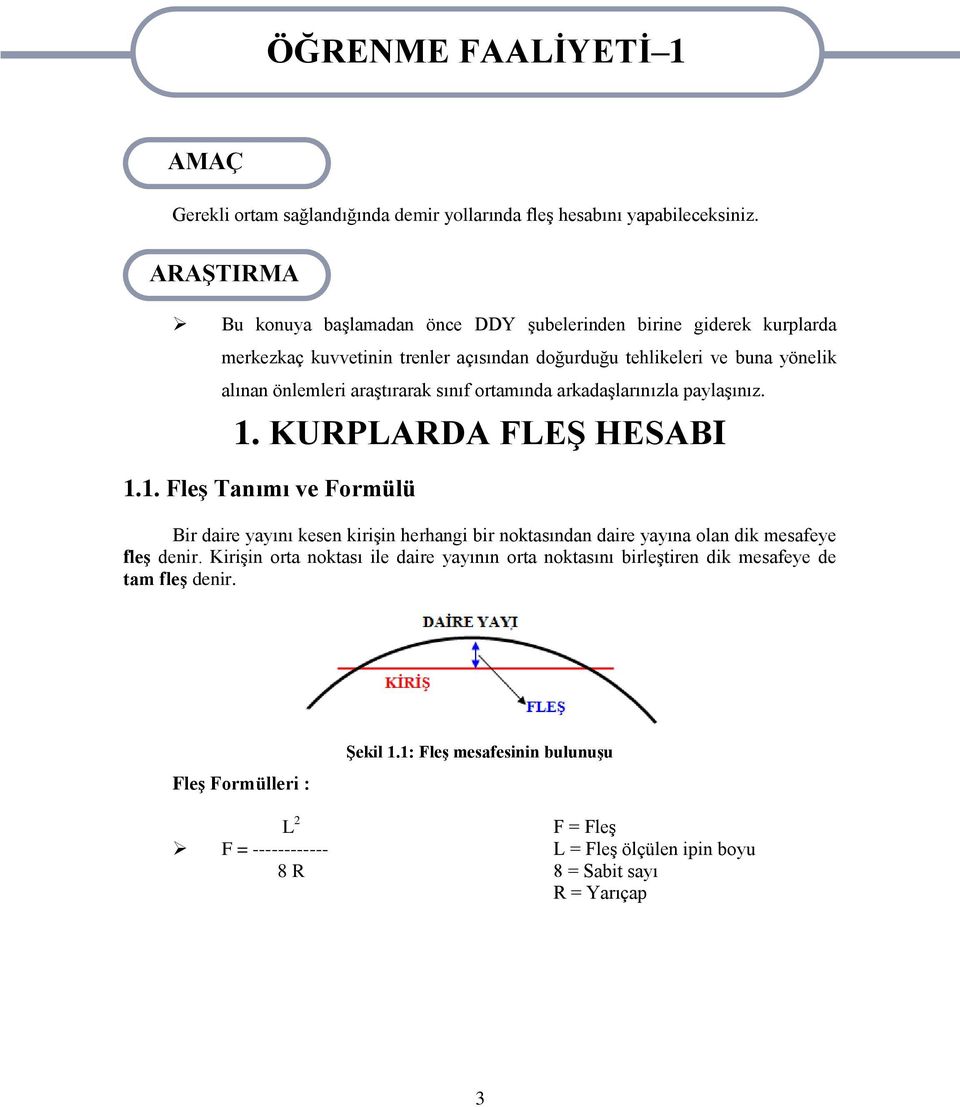 sınıf ortamında arkadaģlarınızla paylaģınız. 1. KURPLARDA FLEġ HESABI 1.1. FleĢ Tanımı ve Formülü Bir daire yayını kesen kiriģin herhangi bir noktasından daire yayına olan dik mesafeye fleģ denir.