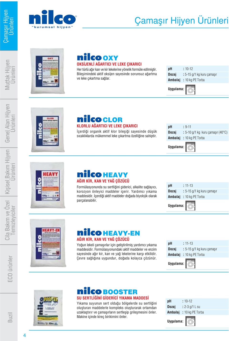 ph : 10-12 Dozaj : 5-15 g/1 kg kuru çamafl r Ambalaj : 10 kg PE Torba nilco CLOR KLORLU A ARTICI VE LEKE ÇIKARICI çerdi i organik aktif klor bilefli i sayesinde düflük s cakl klarda mükemmel leke ç