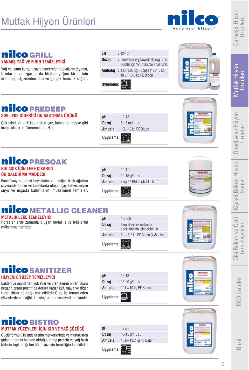 Ambalaj : 1 L= 1,08 kg PE fiifle (12x1 L koli) 10 L= 10,8 kg PE Bidon nilco PREDEEP SIVI LEKE G DER C ÖN BASTIRMA ÜRÜNÜ Çok lekeli ve kirli kaplardaki çay, kahve ve meyve gibi inatç lekeleri mükemmel