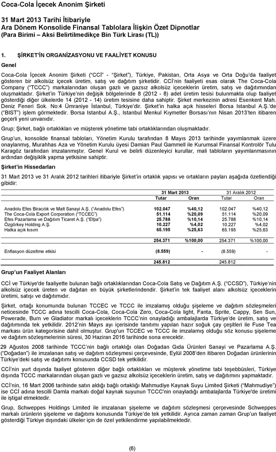 dağıtım şirketidir. CCİ nin faaliyeti esas olarak The Coca-Cola Company ( TCCC ) markalarından oluşan gazlı ve gazsız alkolsüz içeceklerin üretim, satış ve dağıtımından oluşmaktadır.