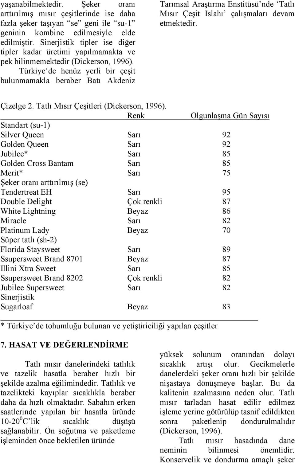 Türkiye de henüz yerli bir çeşit bulunmamakla beraber Batı Akdeniz Tarımsal Araştırma Enstitüsü nde Tatlı Mısır Çeşit Islahı çalışmaları devam etmektedir. Çizelge 2.