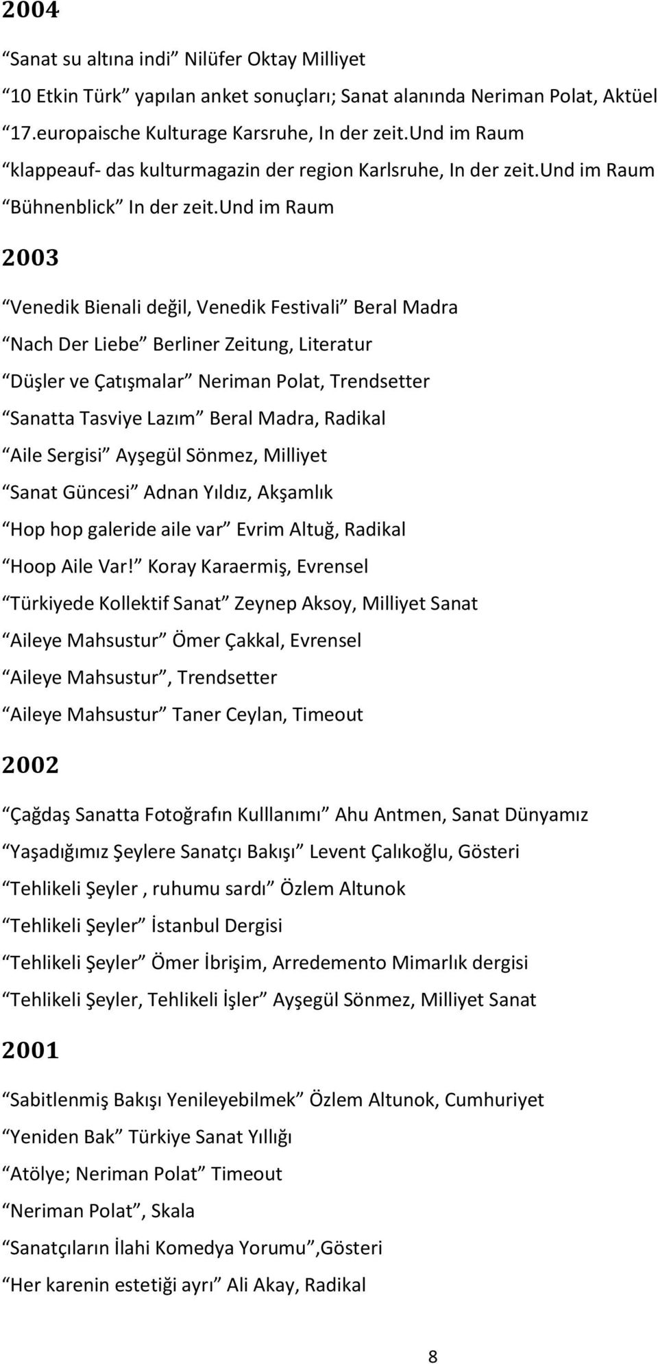 und im Raum 2003 Venedik Bienali değil, Venedik Festivali Beral Madra Nach Der Liebe Berliner Zeitung, Literatur Düşler ve Çatışmalar Neriman Polat, Trendsetter Sanatta Tasviye Lazım Beral Madra,