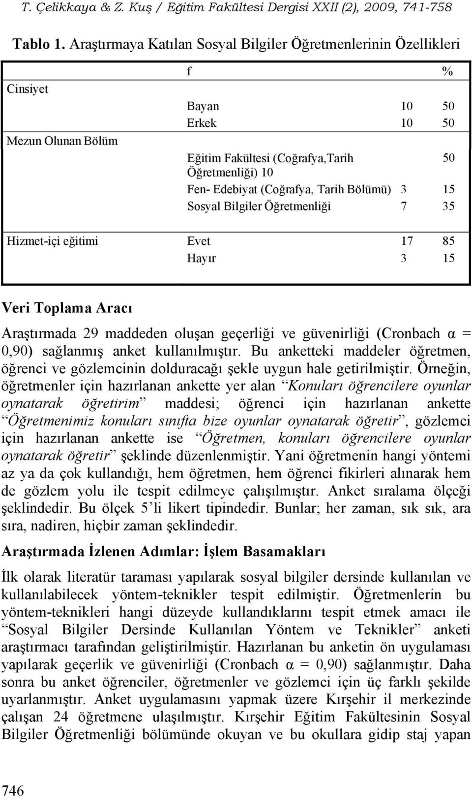 Tarih Bölümü) 3 15 Sosyal Bilgiler Öğretmenliği 7 35 Hizmet-içi eğitimi Evet 17 85 Hayır 3 15 Veri Toplama Aracı Araştırmada 29 maddeden oluşan geçerliği ve güvenirliği (Cronbach α = 0,90) sağlanmış