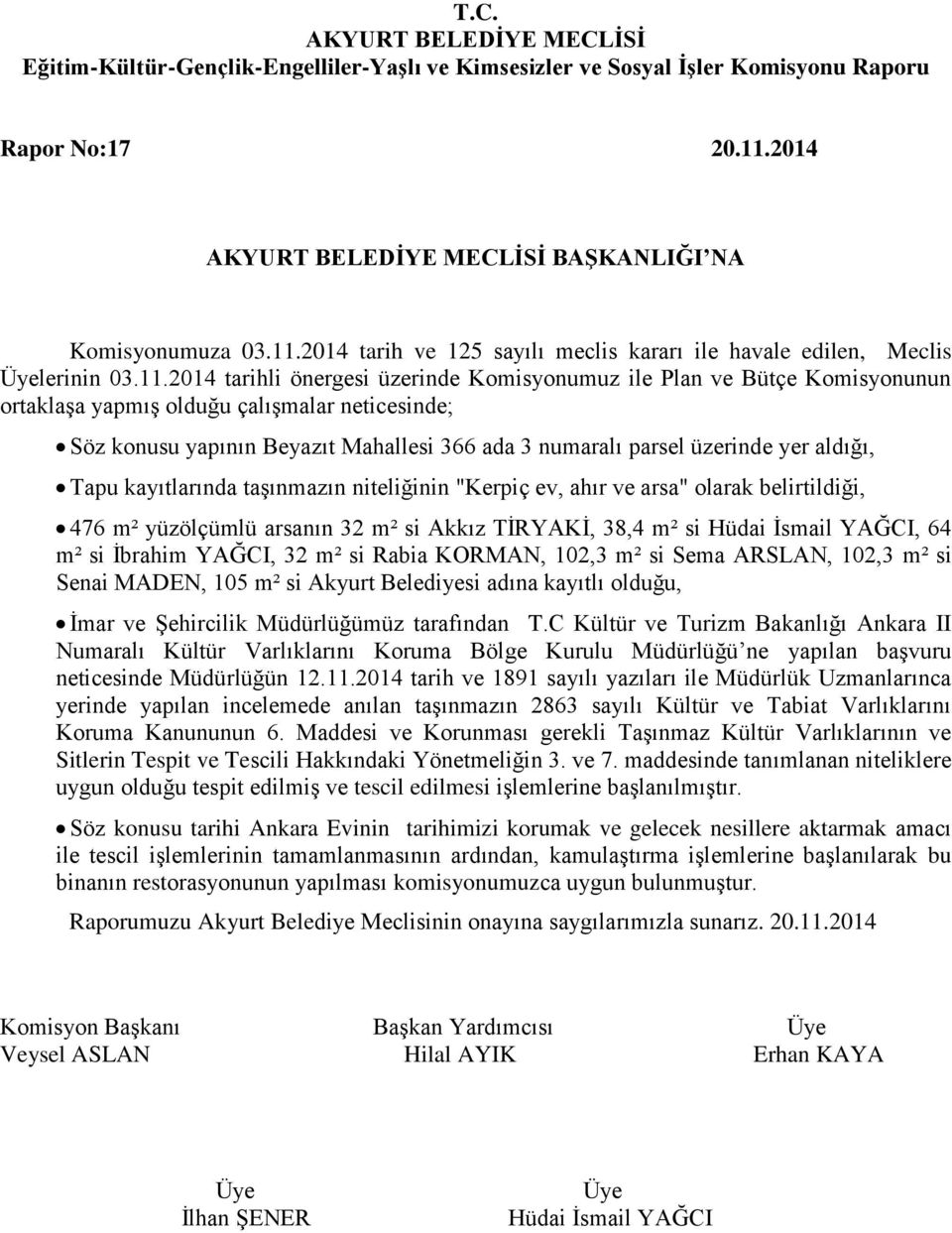 2014 tarih ve 125 sayılı meclis kararı ile havale edilen, Meclis lerinin 03.11.