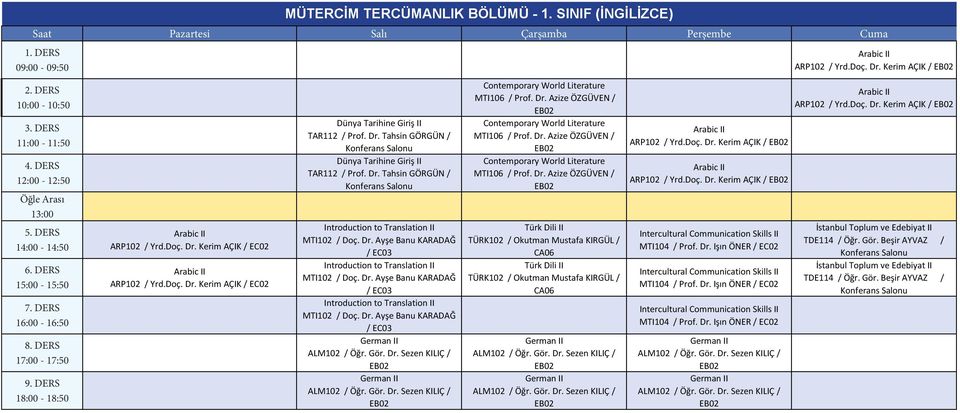 Gör. Dr. Sezen KILIÇ / EB02 German II ALM102 / Öğr. Gör. Dr. Sezen KILIÇ / EB02 Contemporary World Literature MTI106 / Prof. Dr. Azize ÖZGÜVEN / EB02 Contemporary World Literature MTI106 / Prof. Dr. Azize ÖZGÜVEN / EB02 Contemporary World Literature MTI106 / Prof. Dr. Azize ÖZGÜVEN / EB02 TÜRK102 / Okutman Mustafa KIRGÜL / TÜRK102 / Okutman Mustafa KIRGÜL / German II ALM102 / Öğr.