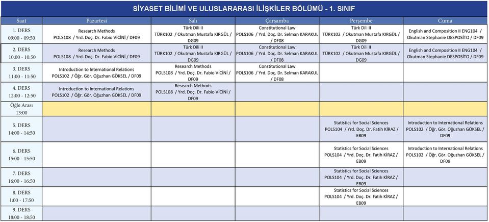 SINIF TÜRK102 / Okutman Mustafa KIRGÜL / DG09 Research Methods POLS108 / Yrd. Doç. Dr. Fabio VİCİNİ / DF09 Research Methods POLS108 / Yrd. Doç. Dr. Fabio VİCİNİ / DF09 Constitutional Law POLS106 / Yrd.