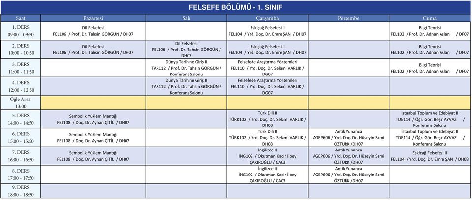 Dr. Tahsin GÖRGÜN / FELSEFE BÖLÜMÜ - 1. SINIF Eskiçağ Felsefesi II FEL104 / Yrd. Doç. Dr. Emre ŞAN / DH07 Eskiçağ Felsefesi II FEL104 / Yrd. Doç. Dr. Emre ŞAN / DH07 Felsefede Araştırma Yöntemleri FEL110 / Yrd.