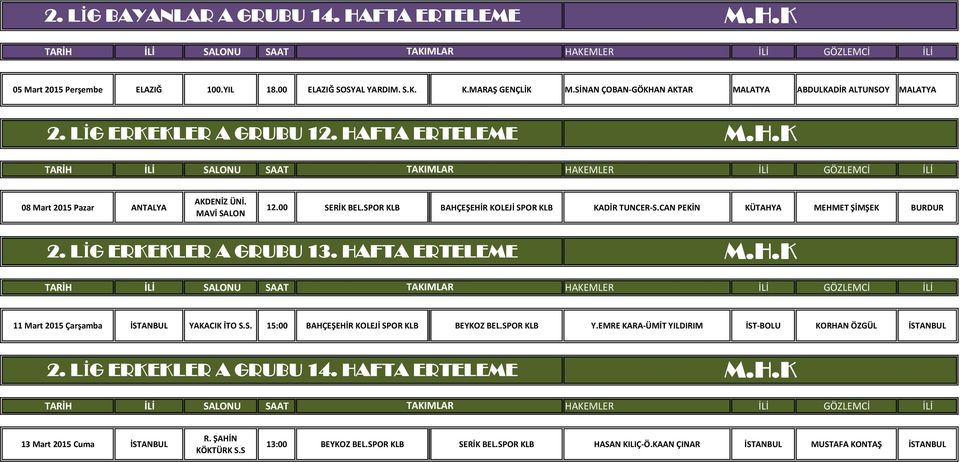 CAN PEKİN KÜTAHYA MEHMET ŞİMŞEK BURDUR 2. LİG ERKEKLER A GRUBU 13. HAFTA ERTELEME 11 Mart 2015 Çarşamba İSTANBUL YAKACIK İTO S.S. 15:00 BAHÇEŞEHİR KOLEJİ SPOR KLB BEYKOZ BEL.SPOR KLB Y.