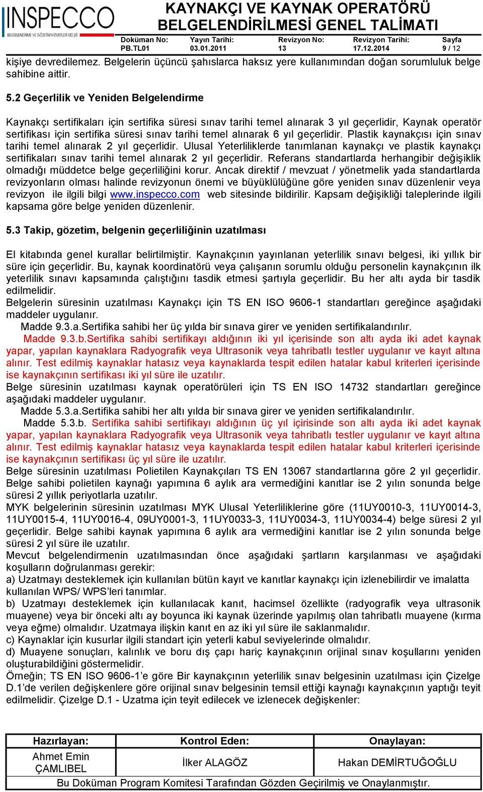 alınarak 6 yıl geçerlidir. Plastik kaynakçısı için sınav tarihi temel alınarak 2 yıl geçerlidir.