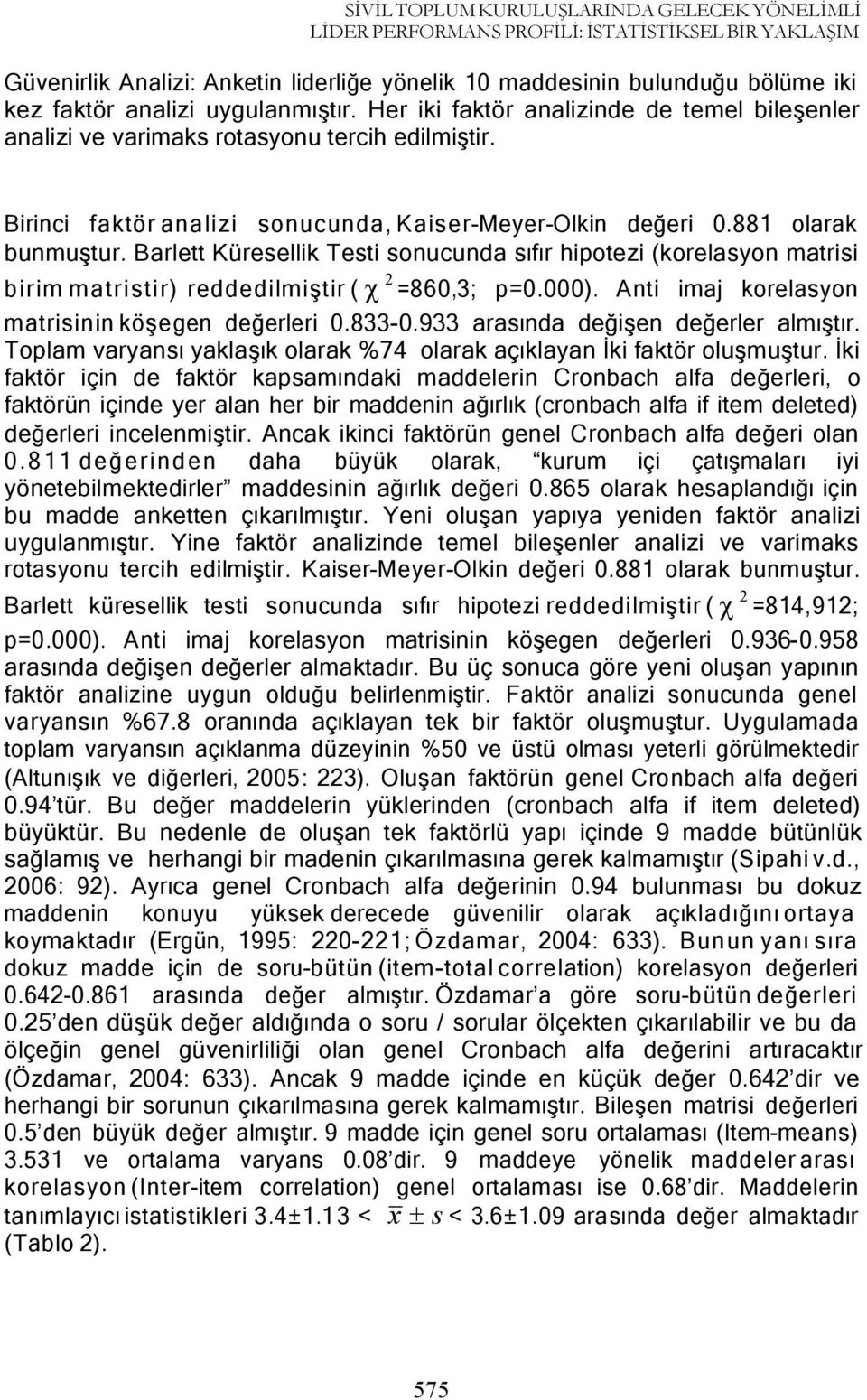 Barlett Küresellik Testi sonucunda sıfır hipotezi (korelasyon matrisi 2 birim matristir) reddedilmiştir ( c =860,3; p=0.000). Anti imaj korelasyon matrisinin köşegen değerleri 0.833-0.