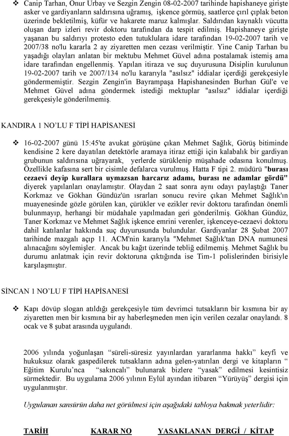 Hapishaneye girişte yaşanan bu saldırıyı protesto eden tutuklulara idare tarafından 19-02-2007 tarih ve 2007/38 no'lu kararla 2 ay ziyaretten men cezası verilmiştir.