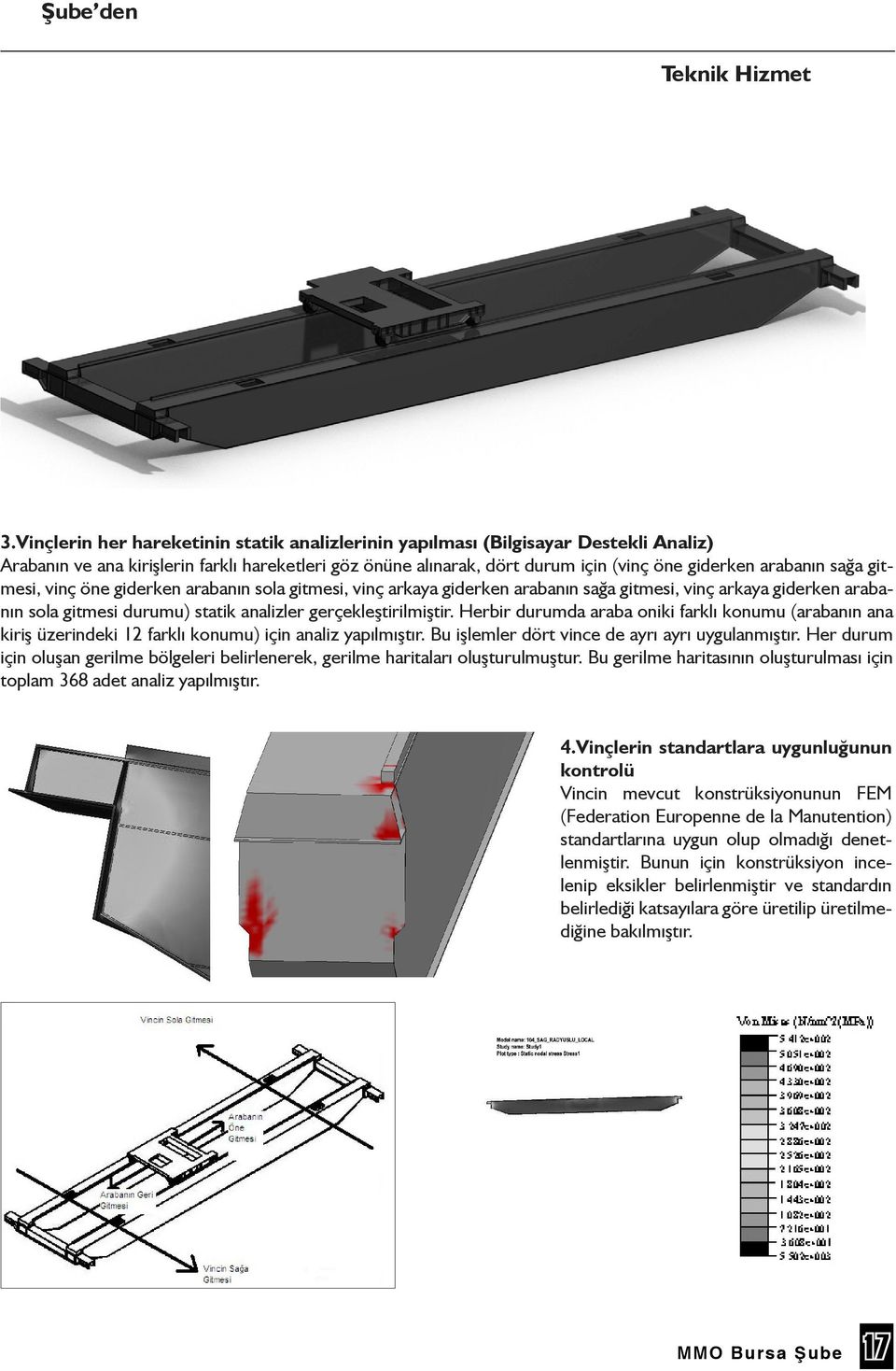 sağa gitmesi, vinç öne giderken arabanın sola gitmesi, vinç arkaya giderken arabanın sağa gitmesi, vinç arkaya giderken arabanın sola gitmesi durumu) statik analizler gerçekleştirilmiştir.