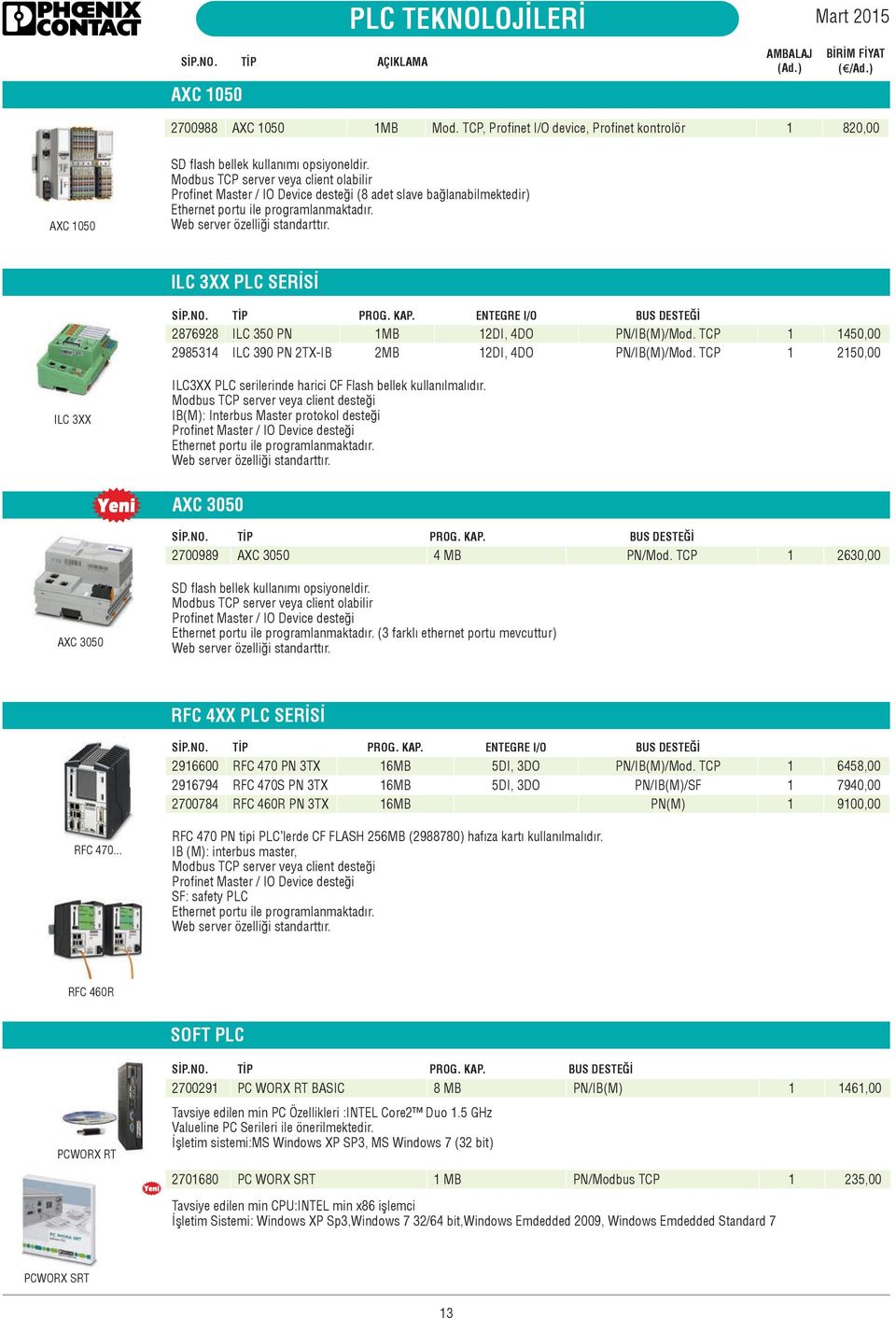 ILC 3XX PLC SERİSİ SİP.NO. TİP PROG. KAP. ENTEGRE I/O BUS DESTEĞİ 2876928 ILC 350 PN 1MB 12DI, 4DO PN/IB(M)/Mod. TCP 1 1450,00 2985314 ILC 390 PN 2TX-IB 2MB 12DI, 4DO PN/IB(M)/Mod.