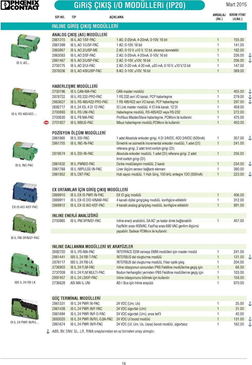 ±10 V, 12 bit, ekransız konnektör 1 182,00 2863083 IB IL AO 2/SF-PAC 2 AO, 0-20mA, 4-20mA, 0-10V, 16 bit 1 226,00 2861467 IB IL AO 2/U/BP-PAC 2 AO, 0-10V, ±10V, 16 bit 1 206,00 2700775 IB IL AO