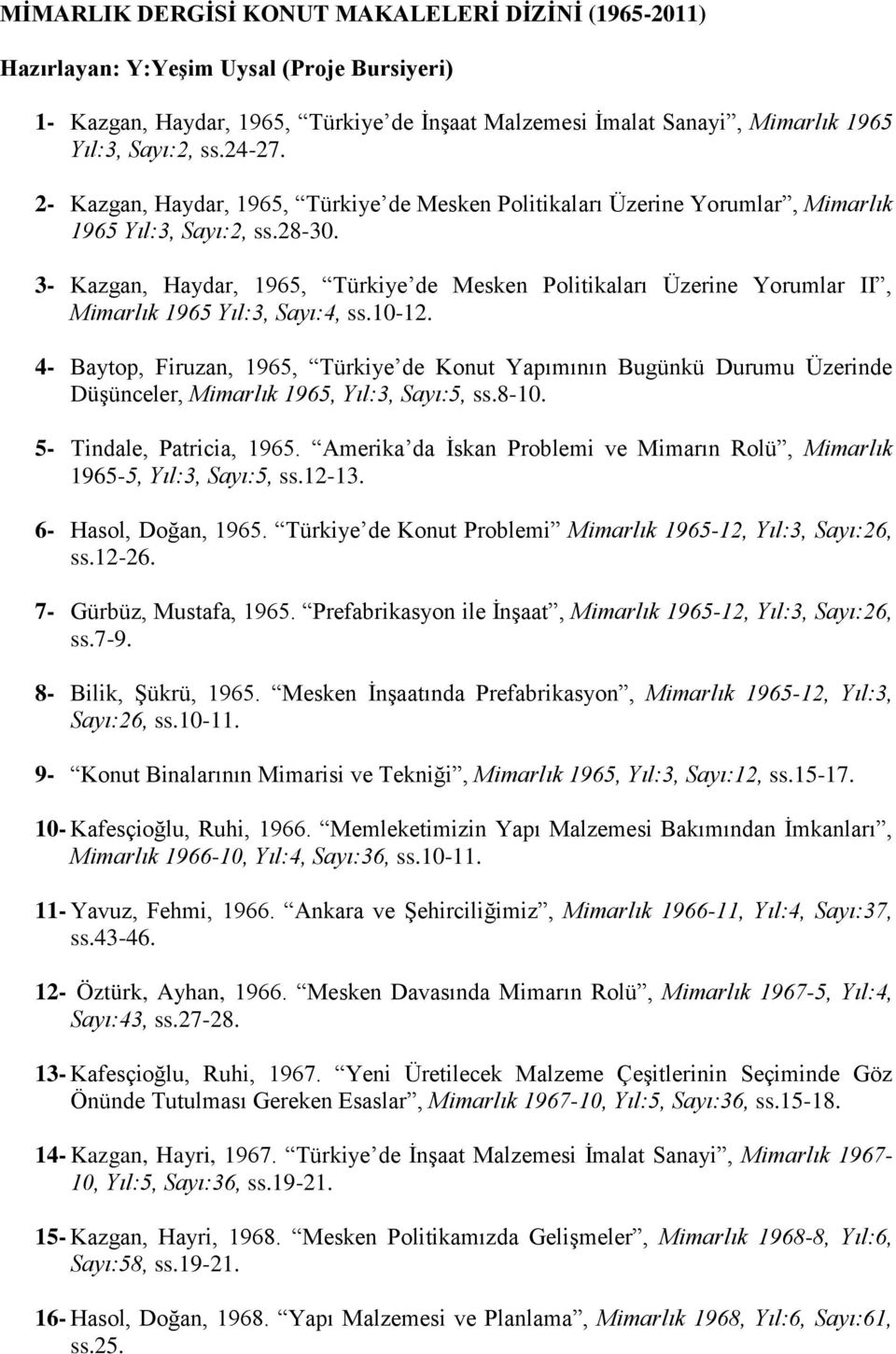 3- Kazgan, Haydar, 1965, Türkiye de Mesken Politikaları Üzerine Yorumlar II, Mimarlık 1965 Yıl:3, Sayı:4, ss.10-12.