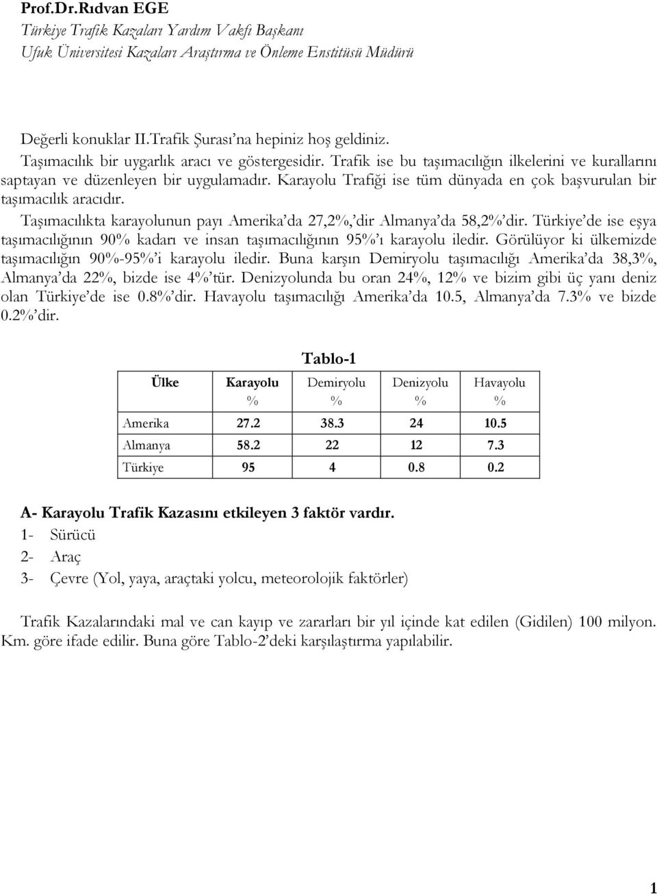 Karayolu Trafiği ise tüm dünyada en çok başvurulan bir taşımacılık aracıdır. Taşımacılıkta karayolunun payı Amerika da 27,2%, dir Almanya da 58,2% dir.