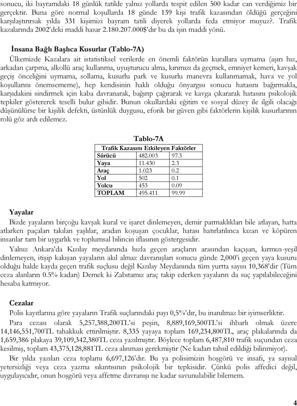 . Trafik kazalarında 2002 deki maddi hasar 2.180.207.000$ dır bu da işin maddi yönü.