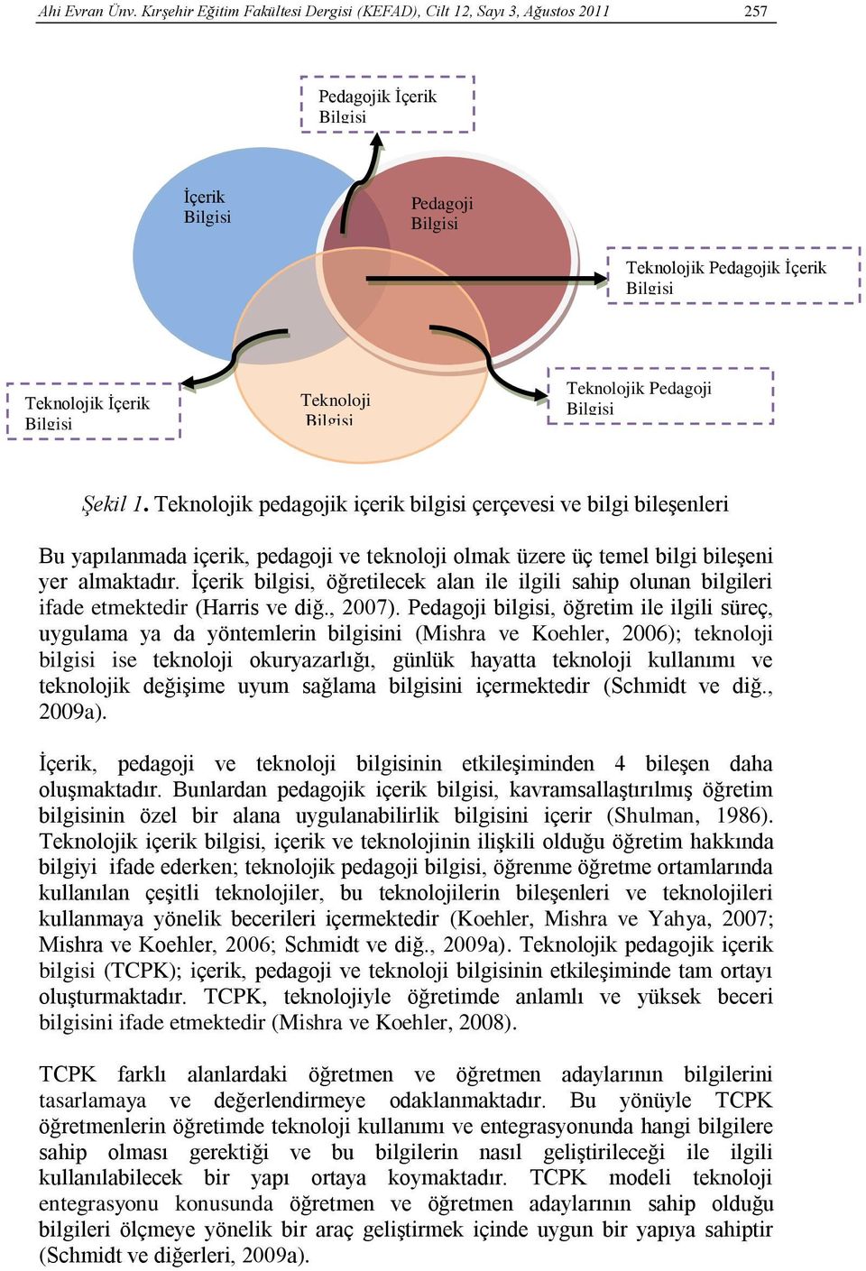 Teknolojik pedagojik içerik bilgisi çerçevesi ve bilgi bileşenleri Bu yapılanmada içerik, pedagoji ve teknoloji olmak üzere üç temel bilgi bileşeni yer almaktadır.