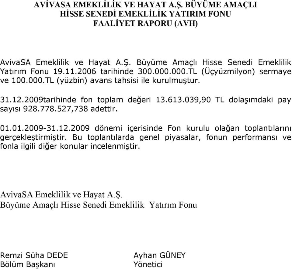 039,90 TL dolaşımdaki pay sayısı 928.778.527,738 adettir. 01.01.2009-31.12.2009 dönemi içerisinde Fon kurulu olağan toplantılarını gerçekleştirmiştir.