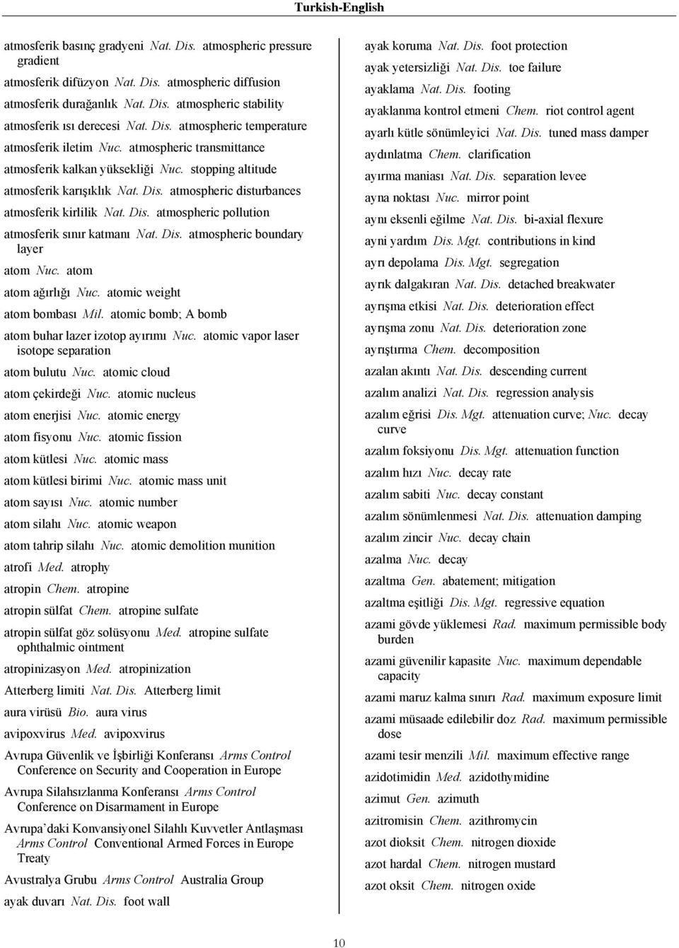 atmospheric disturbances atmosferik kirlilik Nat. Dis. atmospheric pollution atmosferik sınır katmanı Nat. Dis. atmospheric boundary layer atom Nuc. atom atom ağırlığı Nuc.