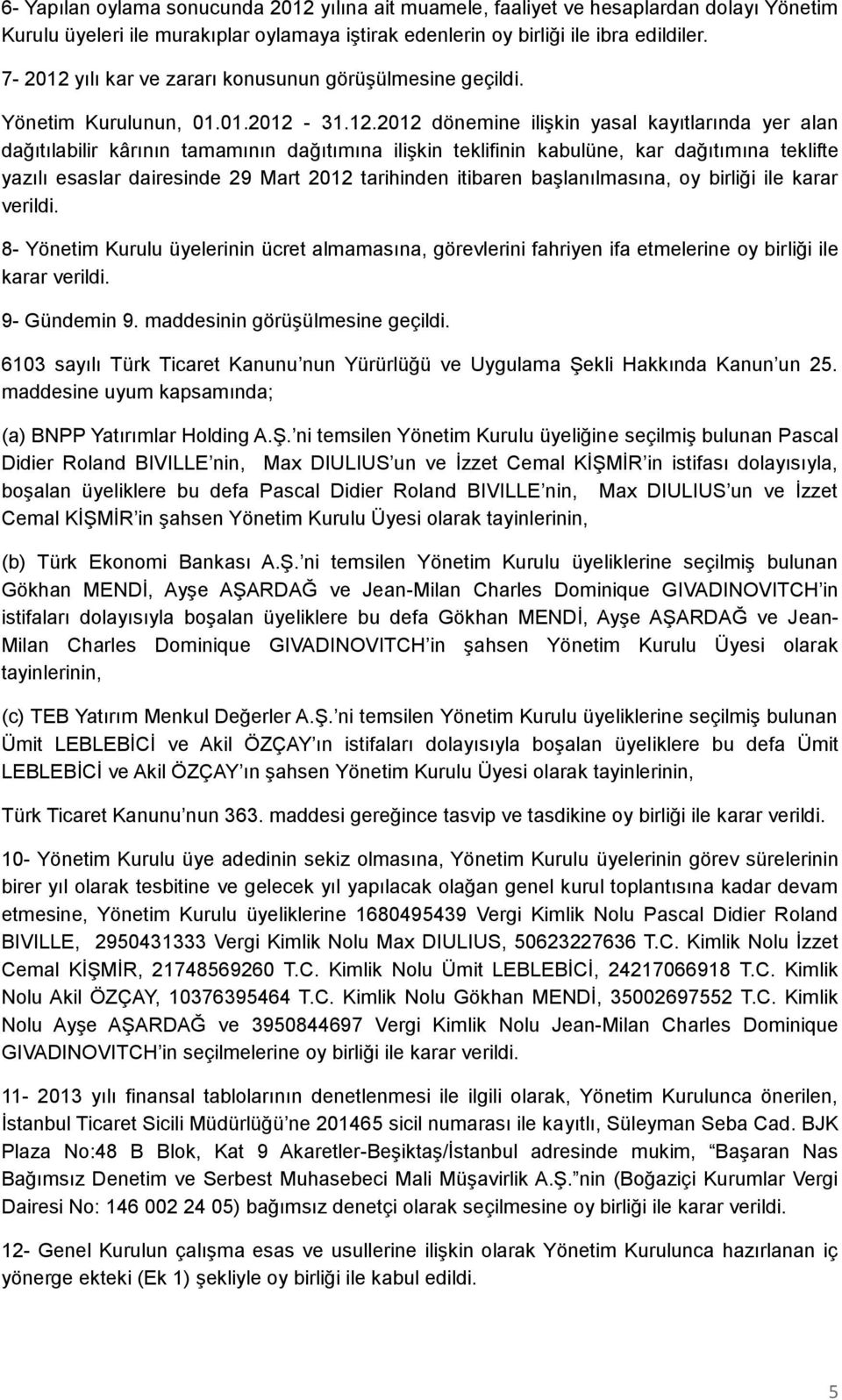 yılı kar ve zararı konusunun görüşülmesine geçildi. Yönetim Kurulunun, 01.01.2012-