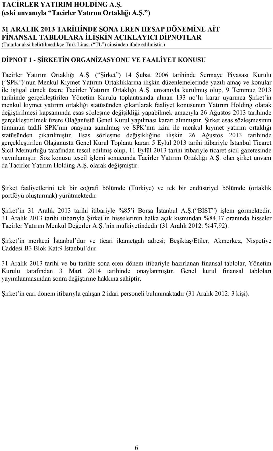 ( Şirket ) 14 Şubat 2006 tarihinde Sermaye Piyasası Kurulu ( SPK ) nun Menkul Kıymet Yatırım Ortaklıklarına ilişkin düzenlemelerinde yazılı amaç ve konular ile iştigal etmek üzere Tacirler Yatırım