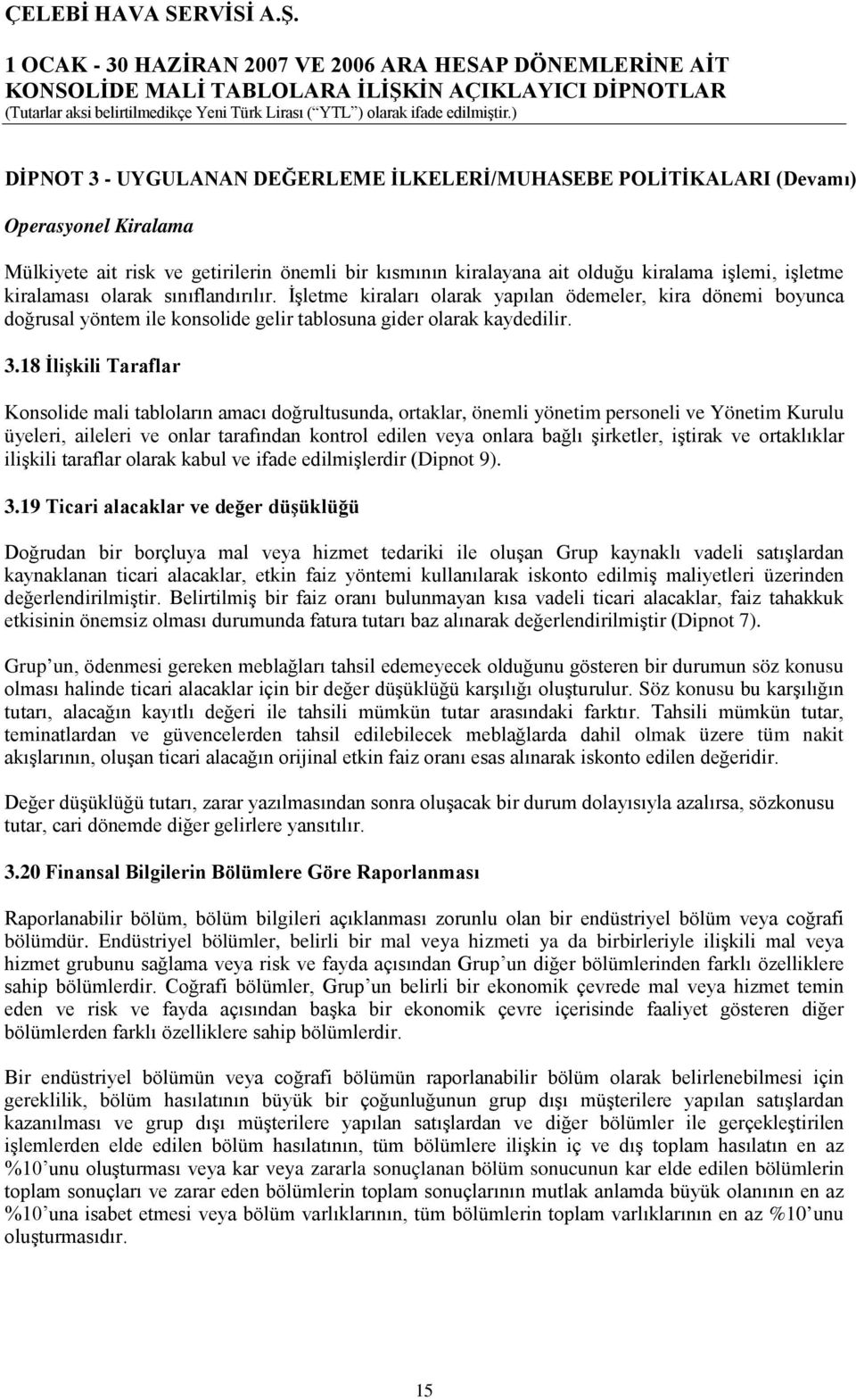 18 İlişkili Taraflar Konsolide mali tabloların amacı doğrultusunda, ortaklar, önemli yönetim personeli ve Yönetim Kurulu üyeleri, aileleri ve onlar tarafından kontrol edilen veya onlara bağlı