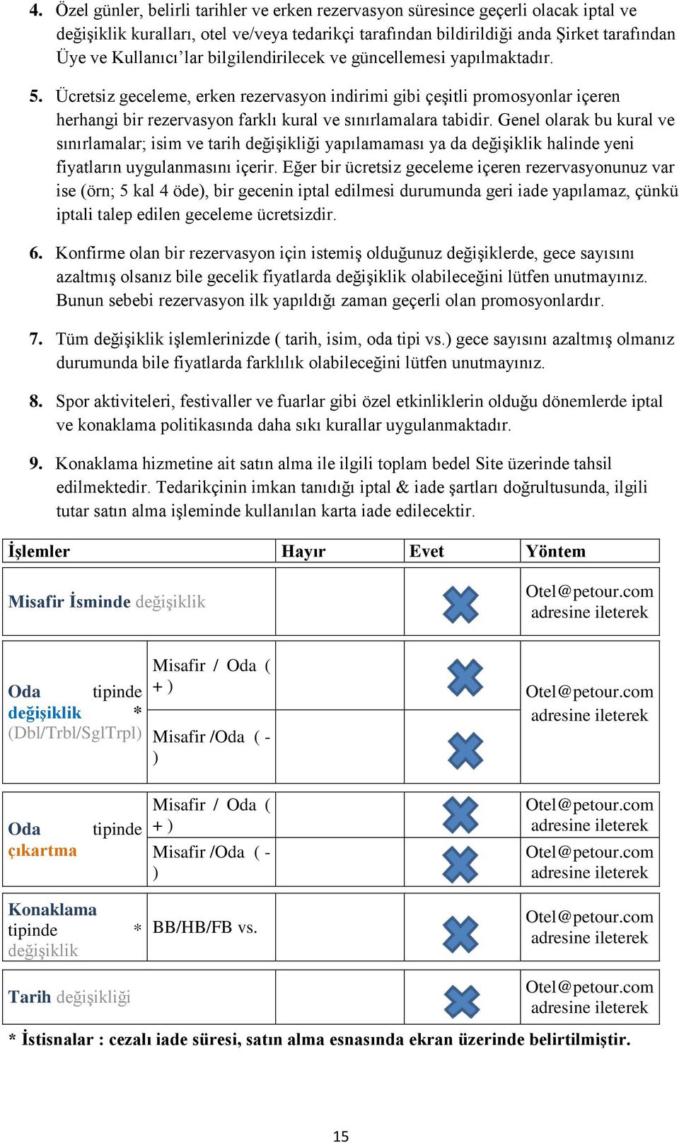 Genel olarak bu kural ve sınırlamalar; isim ve tarih değişikliği yapılamaması ya da değişiklik halinde yeni fiyatların uygulanmasını içerir.