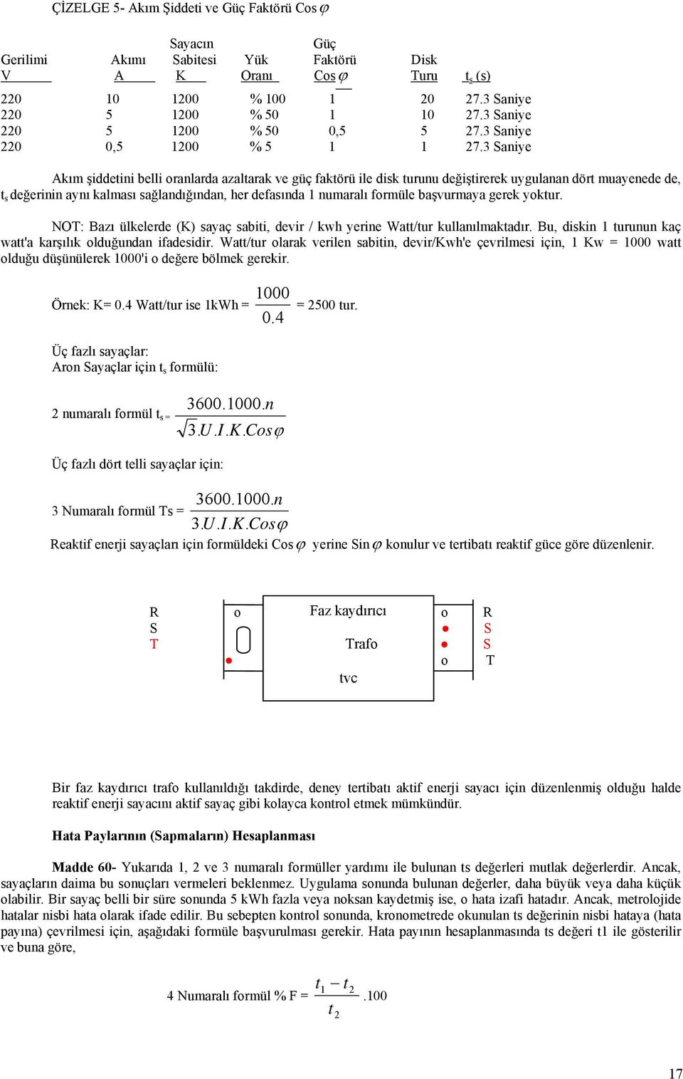 3 Saniye Akım şiddetini belli oranlarda azaltarak ve güç faktörü ile disk turunu değiştirerek uygulanan dört muayenede de, t s değerinin aynı kalması sağlandığından, her defasında 1 numaralı formüle