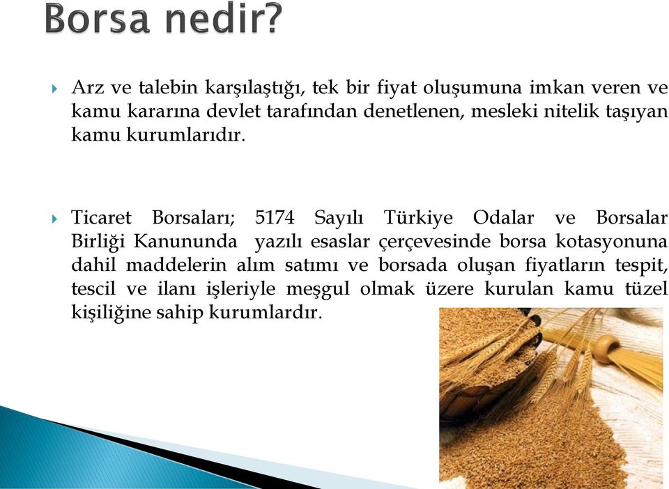 Ticaret Borsaları; 5174 Sayılı Türkiye Odalar ve Borsalar Birliği Kanununda yazılı esaslar çerçevesinde