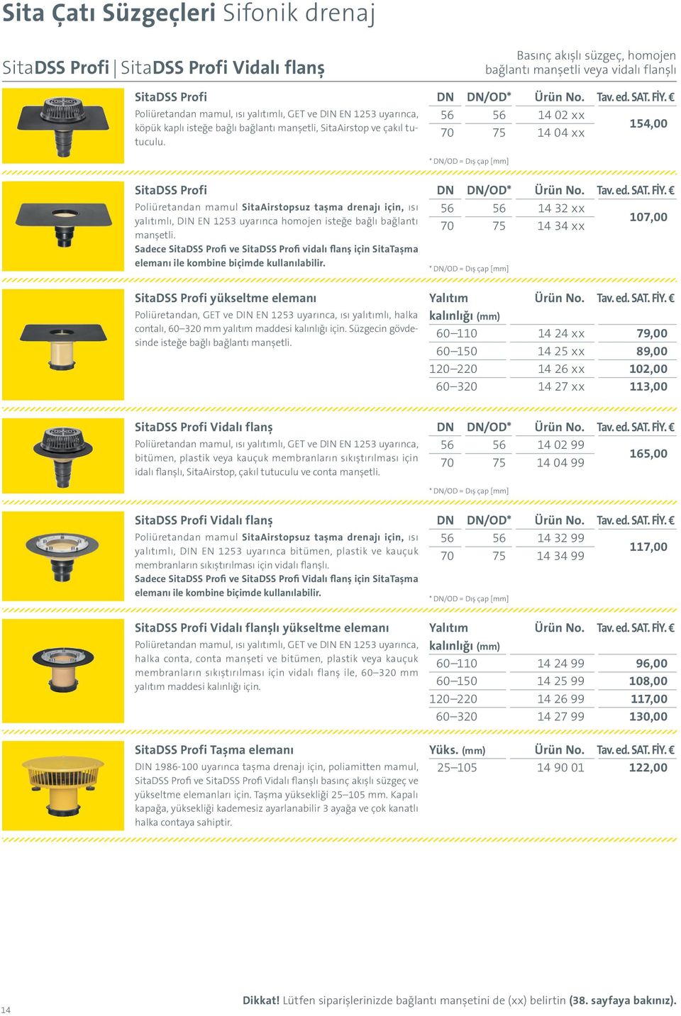 Basınç akışlı süzgeç, homojen bağlantı manşetli veya vidalı flanşlı 56 56 14 02 xx 154,00 70 75 14 04 xx SitaDSS Profi Poliüretandan mamul SitaAirstopsuz taşma drenajı için, ısı yalıtımlı, DIN EN