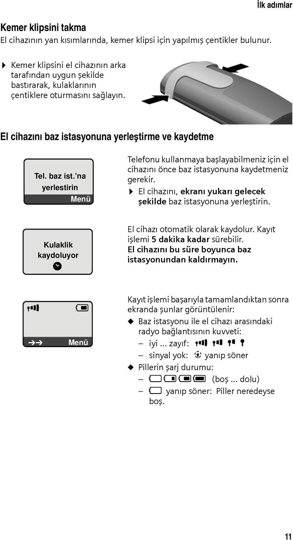 syonuna yerleştirme ve kaydetme Tel. baz ist. na yerlestirin Menü Telefonu kullanmaya başlayabilmeniz için el cihazını önce baz istasyonuna kaydetmeniz gerekir.