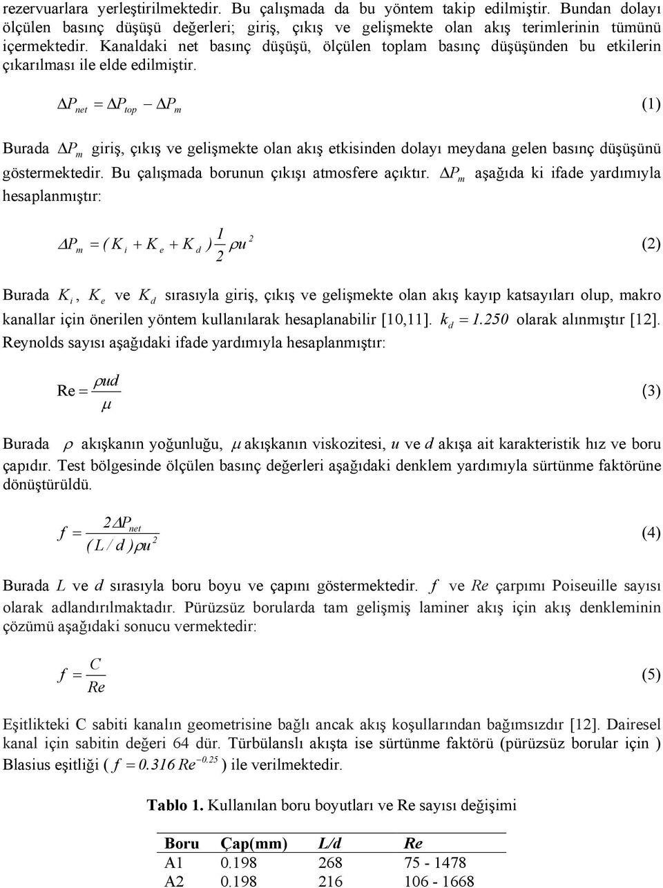 Δ P = ΔP ΔP (1) net top m Burada Δ Pm giriş, çıkış ve gelişmekte olan akış etkisinden dolayı meydana gelen basınç düşüşünü göstermektedir. Bu çalışmada borunun çıkışı atmosfere açıktır.