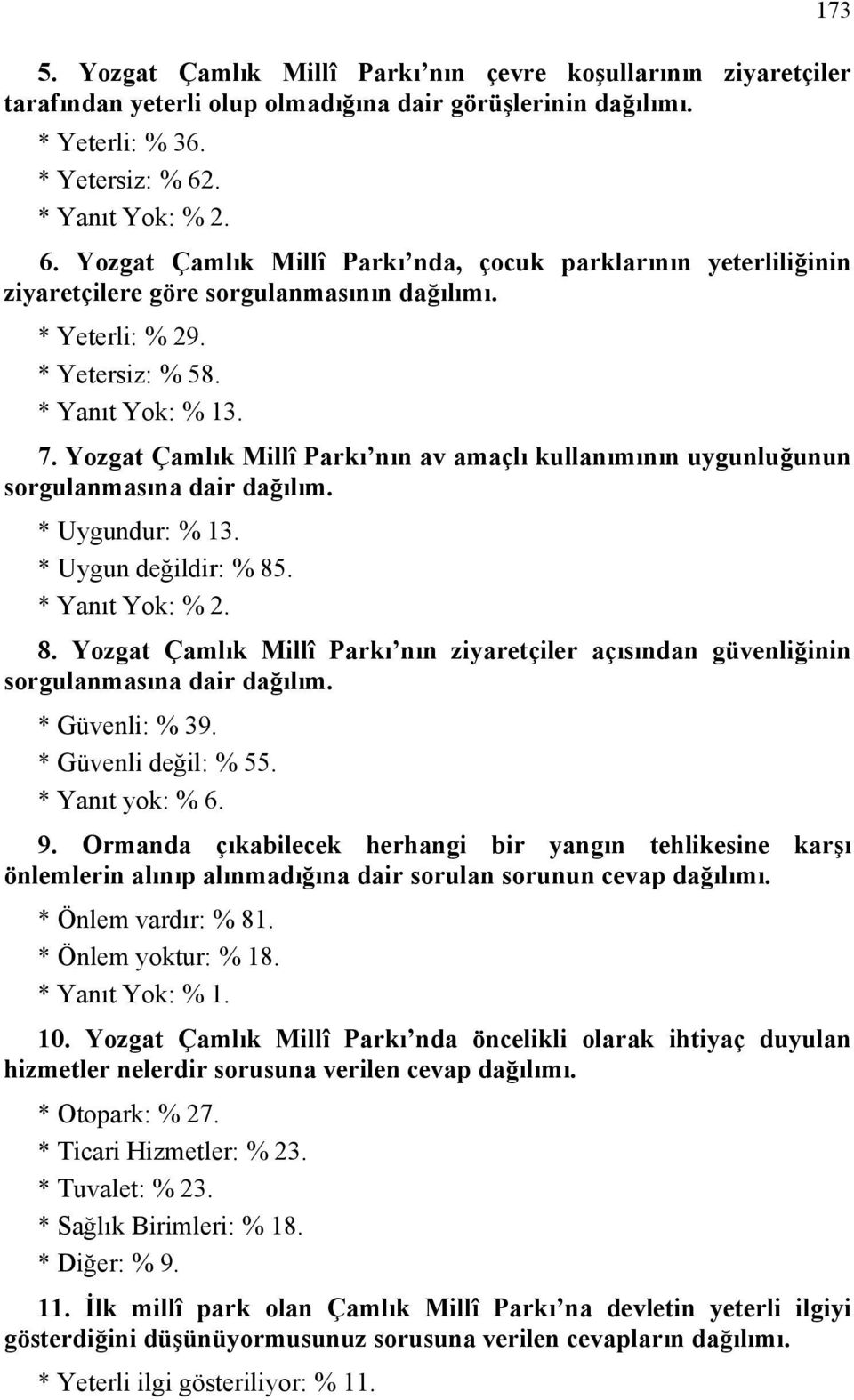 Yozgat Çamlık Millî Parkı nın av amaçlı kullanımının uygunluğunun sorgulanmasına dair dağılım. * Uygundur: % 13. * Uygun değildir: % 85