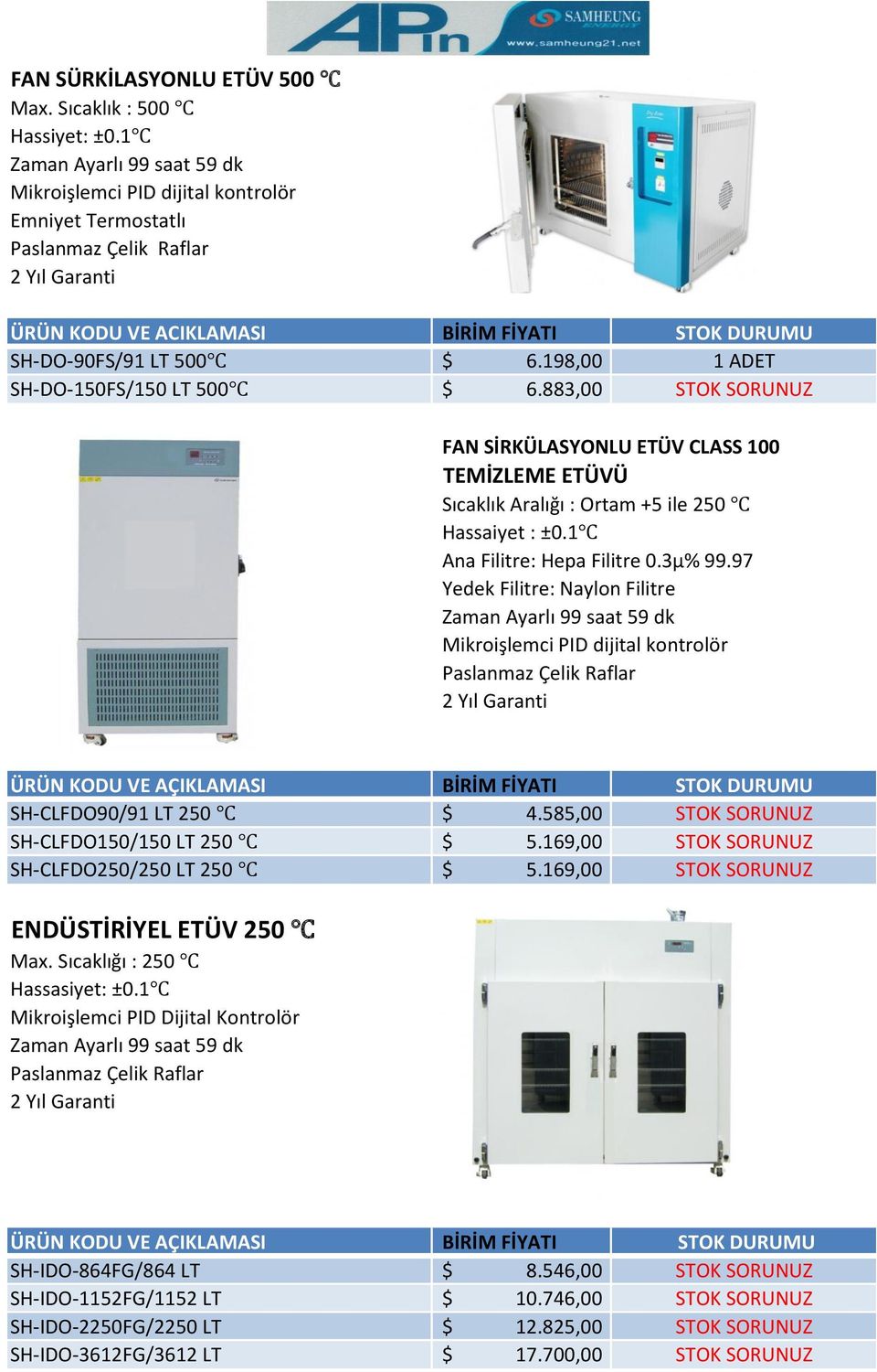 883,00 STOK SORUNUZ FAN SİRKÜLASYONLU ETÜV CLASS 100 TEMİZLEME ETÜVÜ Sıcaklık Aralığı : Ortam +5 ile 250 Hassaiyet : ±0.1 Ana Filitre: Hepa Filitre 0.3μ% 99.