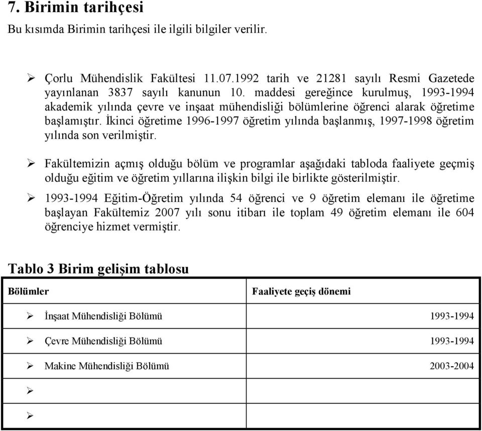 Đkinci öğretime 1996-1997 öğretim nda başlanmış, 1997-1998 öğretim nda son verilmiştir.