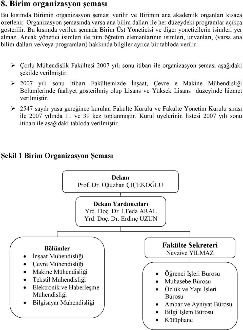 Ancak yönetici isimleri ile tüm öğretim elemanlarının isimleri, unvanları, (varsa ana bilim dalları ve/veya programları) hakkında bilgiler ayrıca bir tabloda verilir.