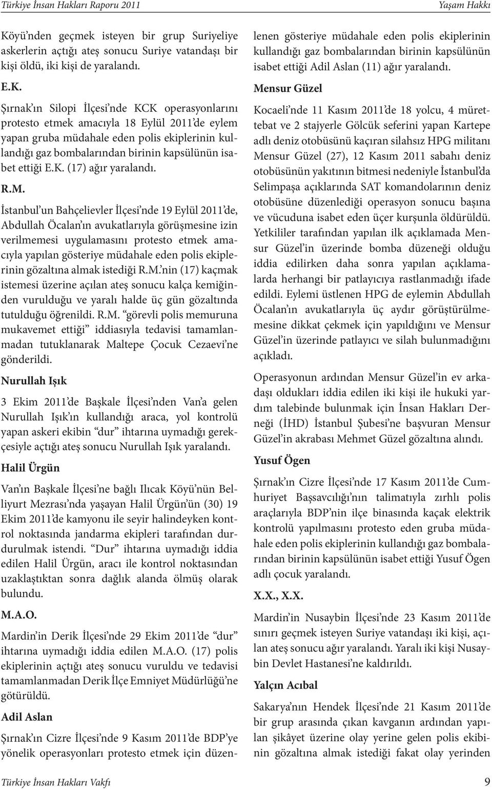 Şırnak ın Silopi İlçesi nde KCK operasyonlarını protesto etmek amacıyla 18 Eylül 2011 de eylem yapan gruba müdahale eden polis ekiplerinin kullandığı gaz bombalarından birinin kapsülünün isabet