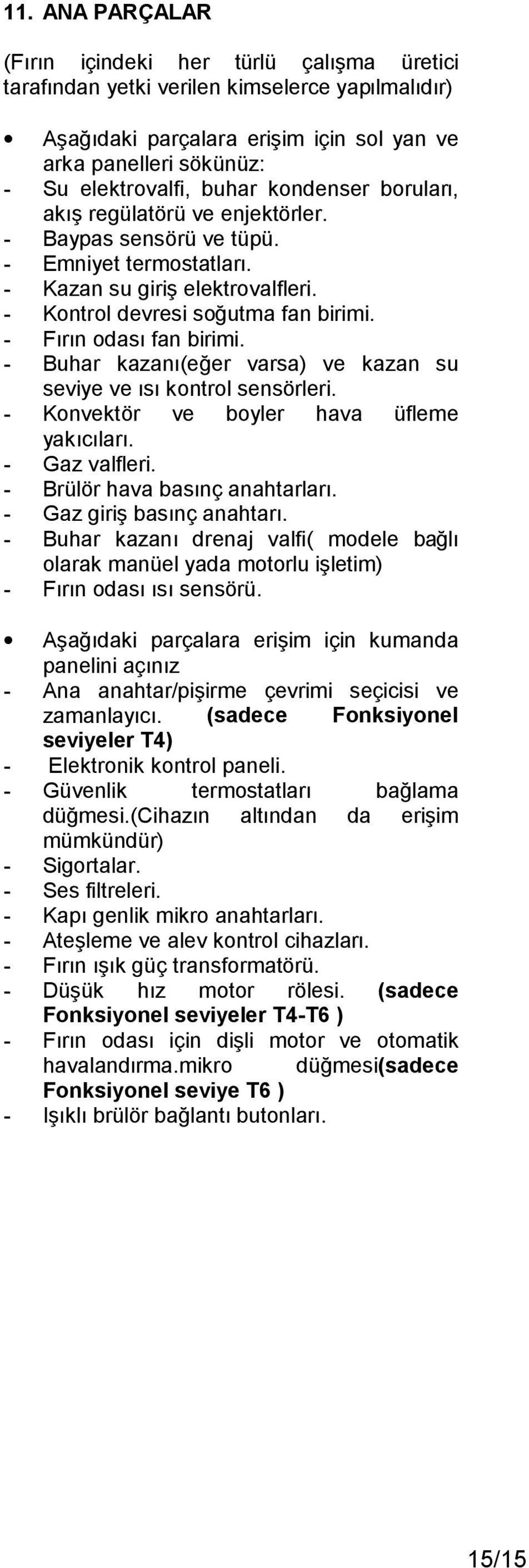 - Fırın odası fan birimi. - Buhar kazanı(eğer varsa) ve kazan su seviye ve ısı kontrol sensö rleri. - Konvektö r ve boyler hava üfleme yakıcıları. - Gaz valfleri. - Brülö r hava basınç anahtarları.