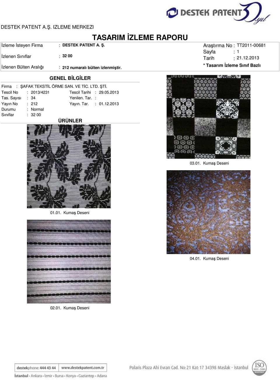 Tar. 01.12.2013 Durumu Sınıflar Normal 32 00 ÜRÜNLER 03.01. Kumaş Deseni 01.