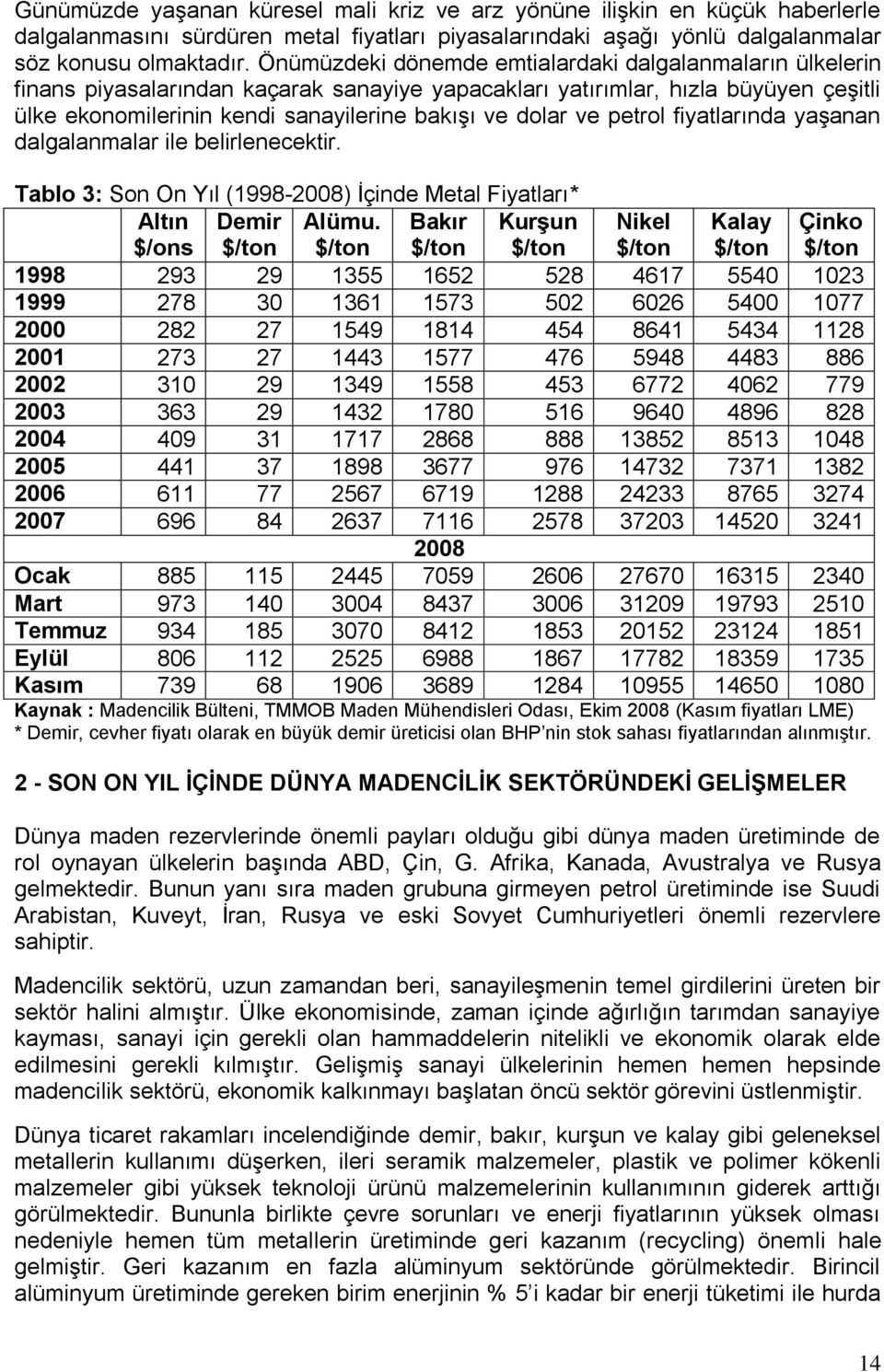 ve petrol fiyatlarında yaģanan dalgalanmalar ile belirlenecektir. Tablo 3: Son On Yıl (1998-2008) Ġçinde Metal Fiyatları* Altın $/ons Demir $/ton Alümu.