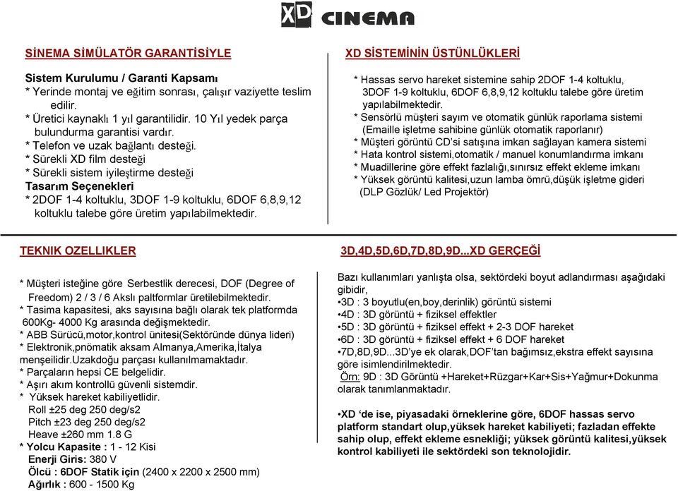 * Sürekli XD film desteği * Sürekli sistem iyileştirme desteği Tasarım Seçenekleri * 2DOF 1-4 koltuklu, 3DOF 1-9 koltuklu, 6DOF 6,8,9,12 koltuklu talebe göre üretim yapılabilmektedir.