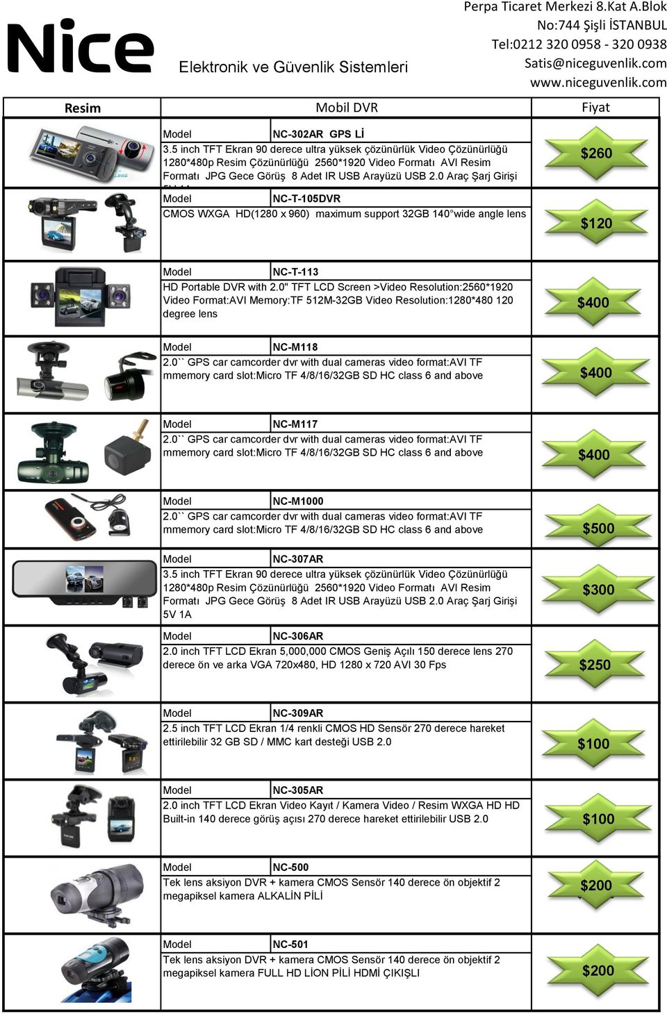 0 Araç Şarj Girişi 5V 1A NC-T-105DVR CMOS WXGA HD(1280 x 960) maximum support 32GB 140 wide angle lens $400,00 $260 $120 $120,00 NC-T-113 HD Portable DVR with 2.